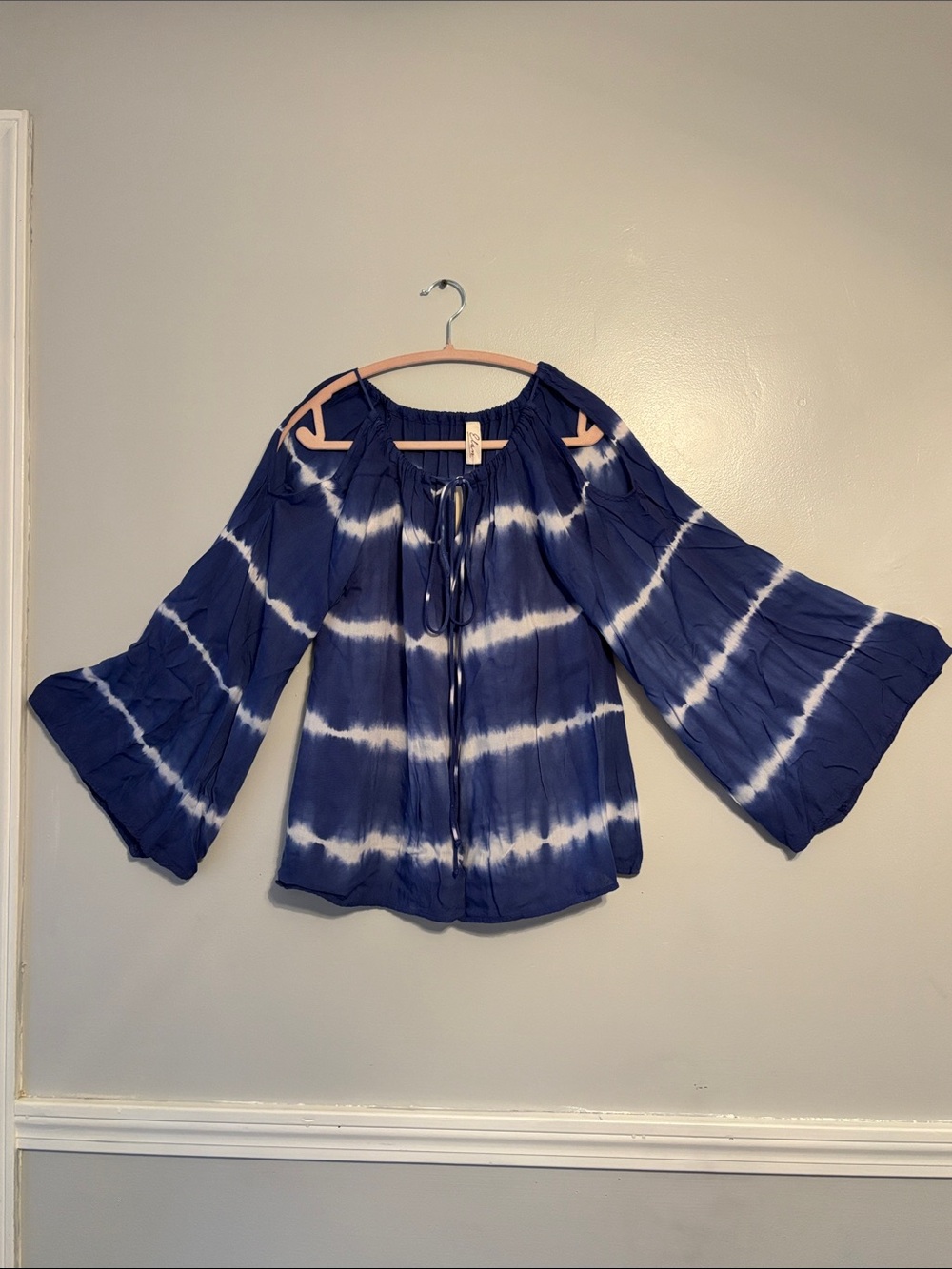 Elan Navy & White Tie-Dye Off-Shoulder Bell Sleeve Top
